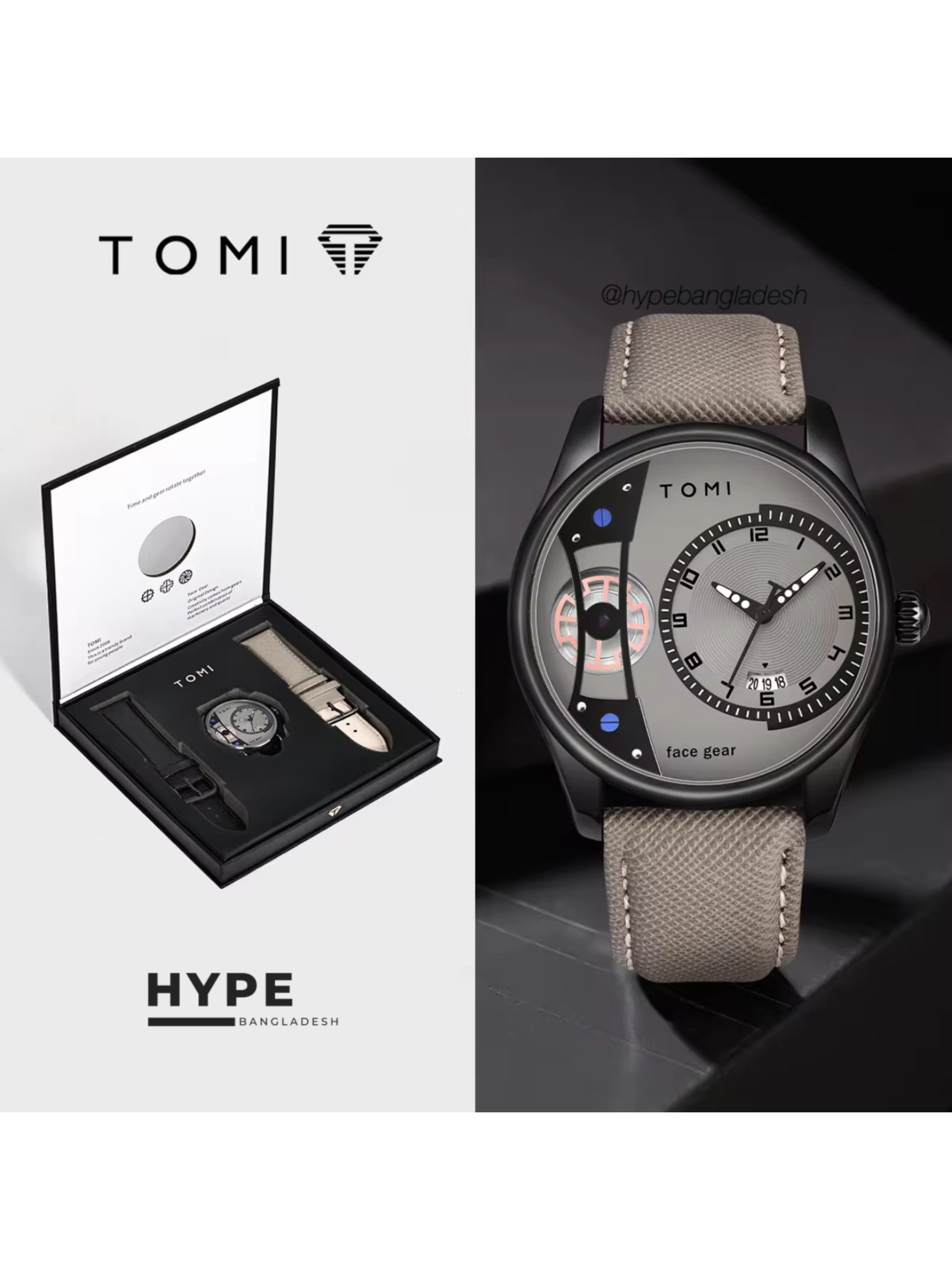 TOMI T-105 Face Gear Dual Strap Leather Belt Watch (Ash)_img_0