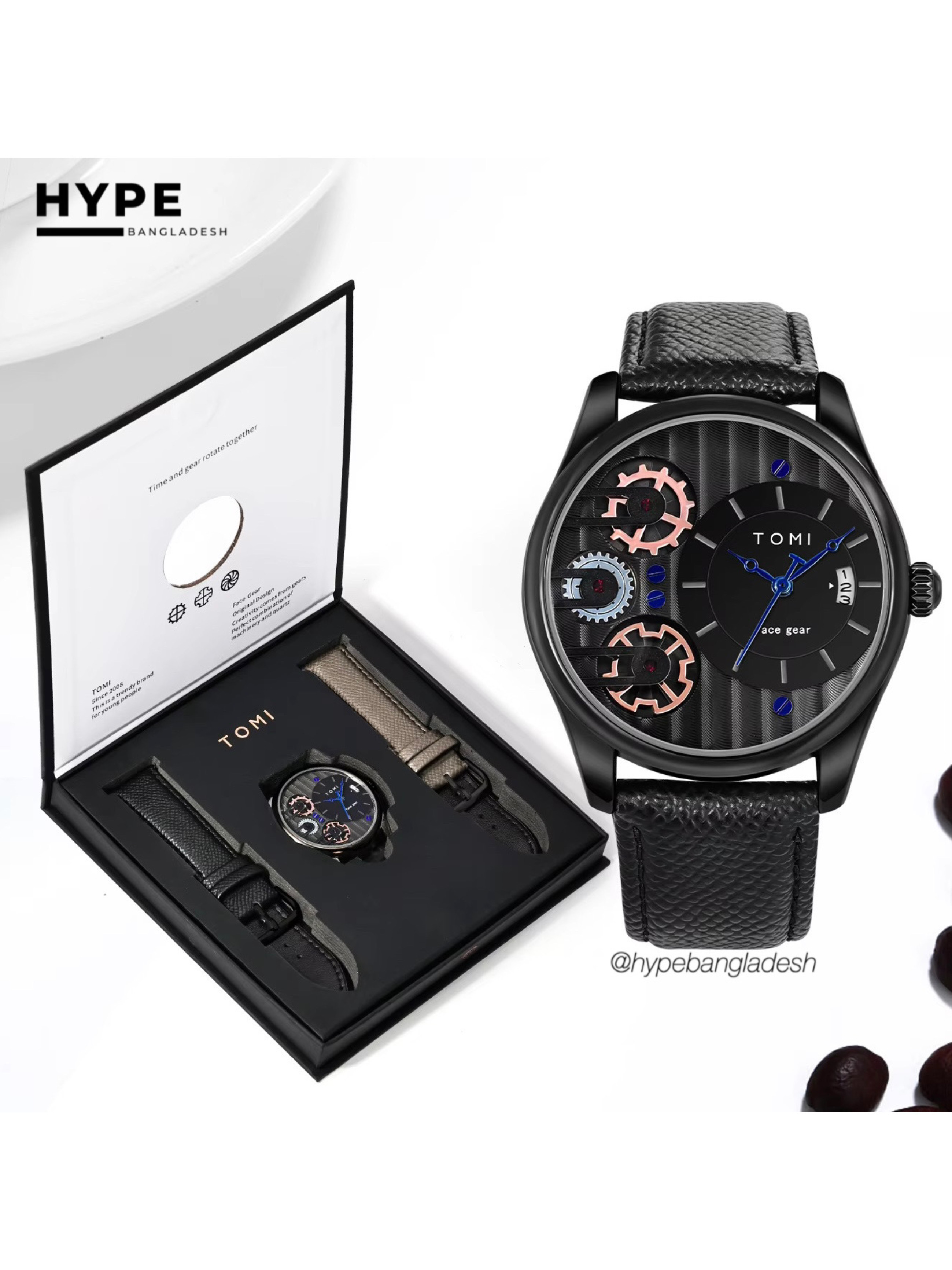 TOMI T-106 Face Gear Dual Strap Leather Belt Watch (Black)_img_0