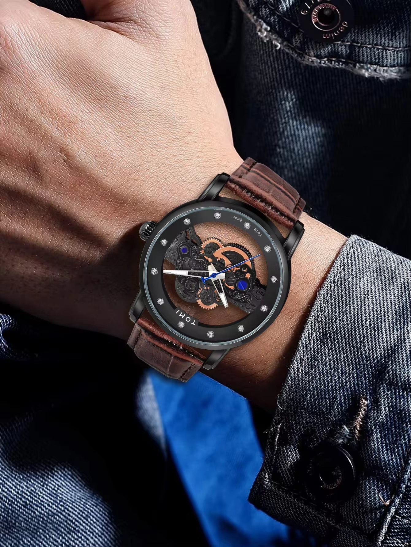 TOMI T-102 Face Gear Transperent Dual Strap Leather Belt Watch (Black)_img_3