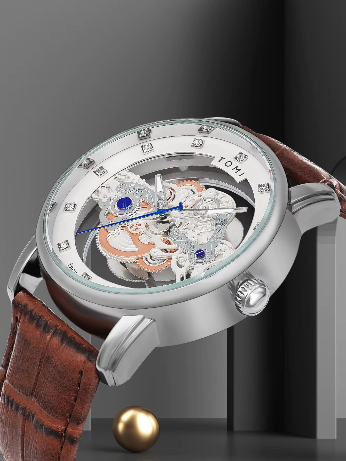 TOMI T-102 Face Gear Transperent Dual Strap Leather Belt Watch (White)_img_4