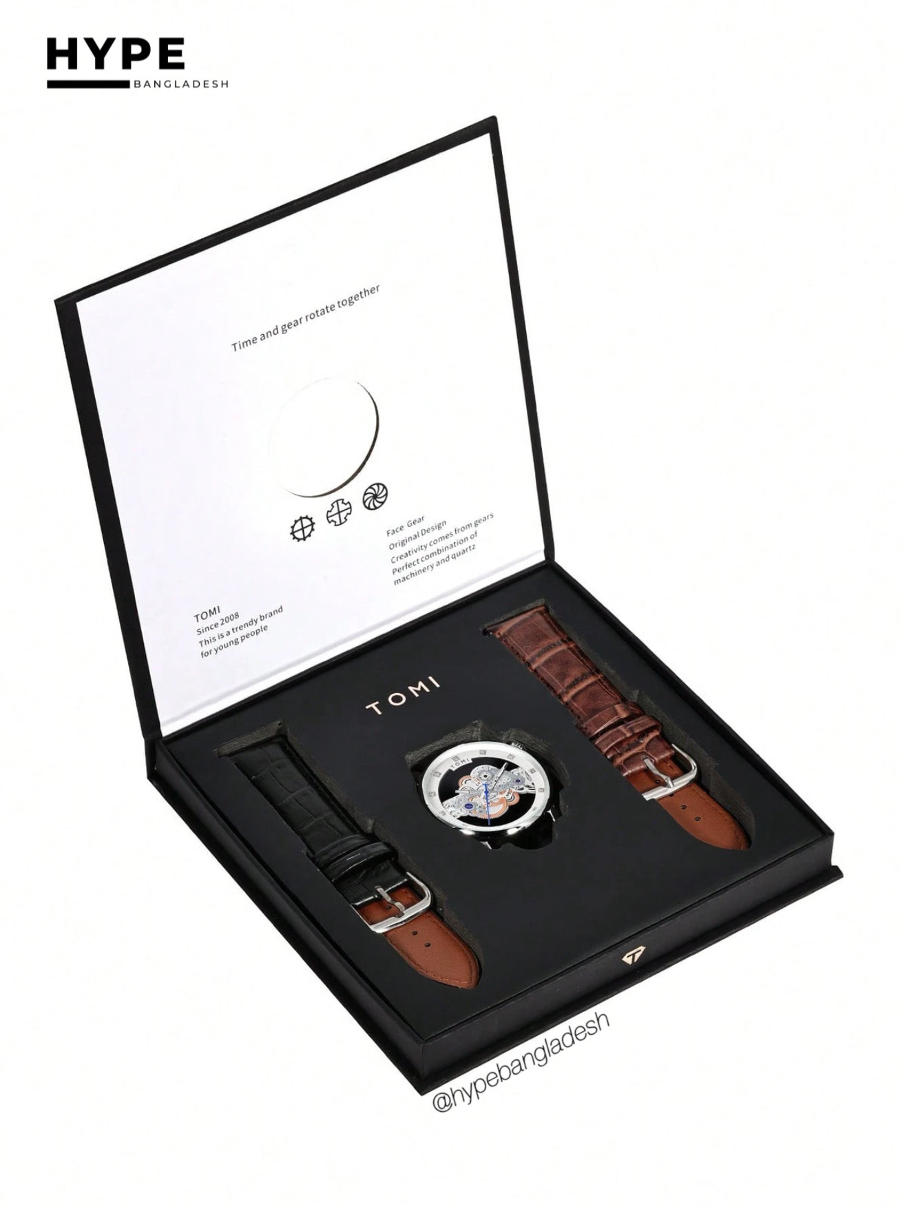 TOMI T-102 Face Gear Transperent Dual Strap Leather Belt Watch (White)_img_5