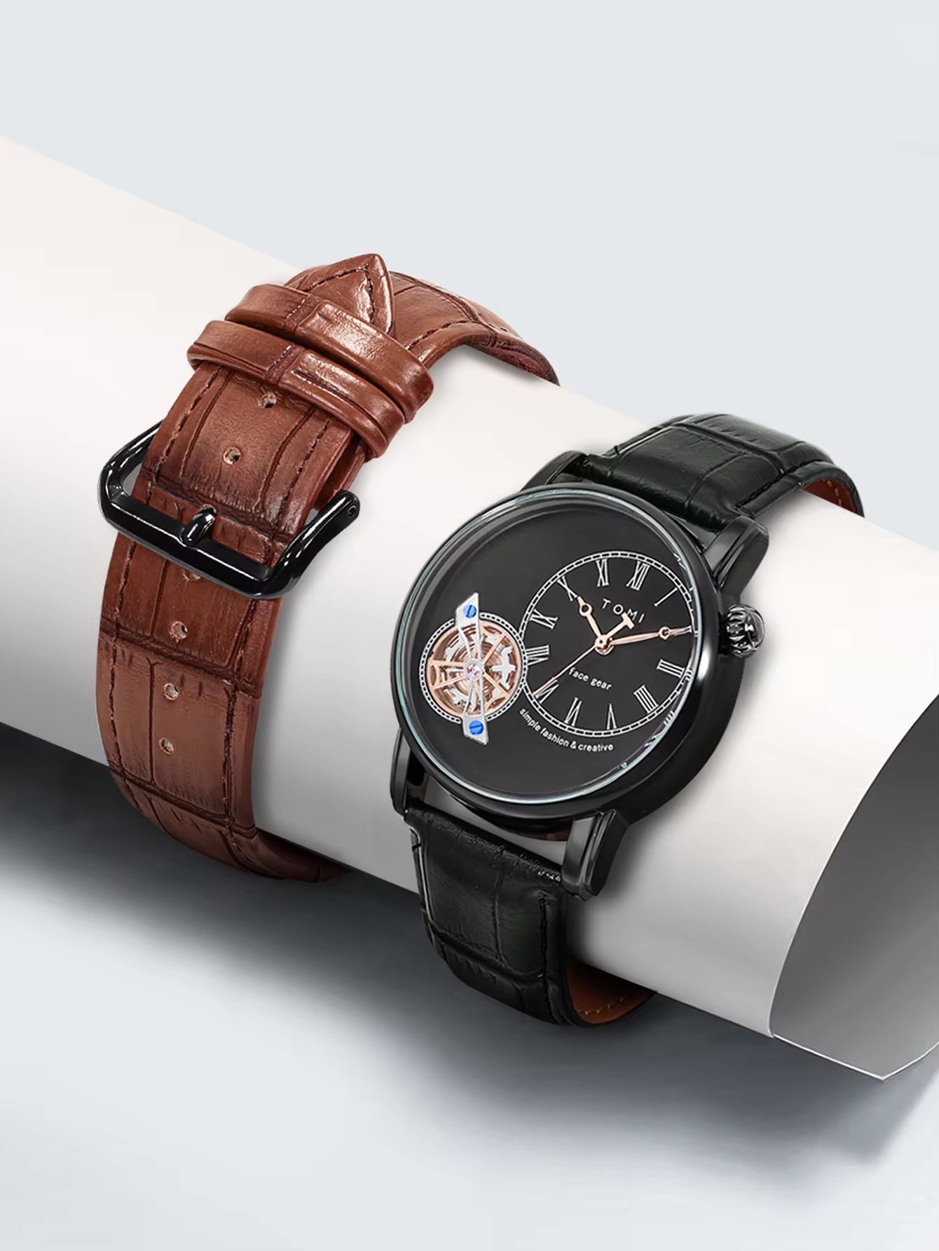 TOMI T-103 Face Gear Dual Strap Leather Belt Watch (Black)_img_1