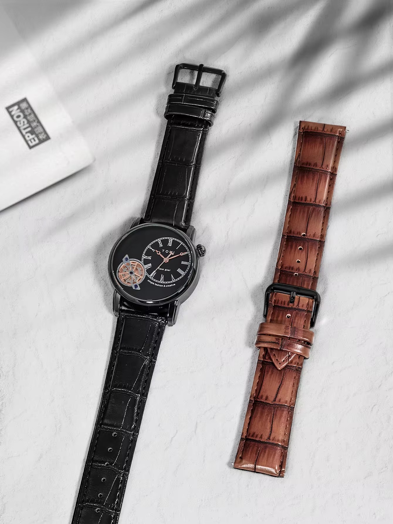 TOMI T-103 Face Gear Dual Strap Leather Belt Watch (Black)_img_2