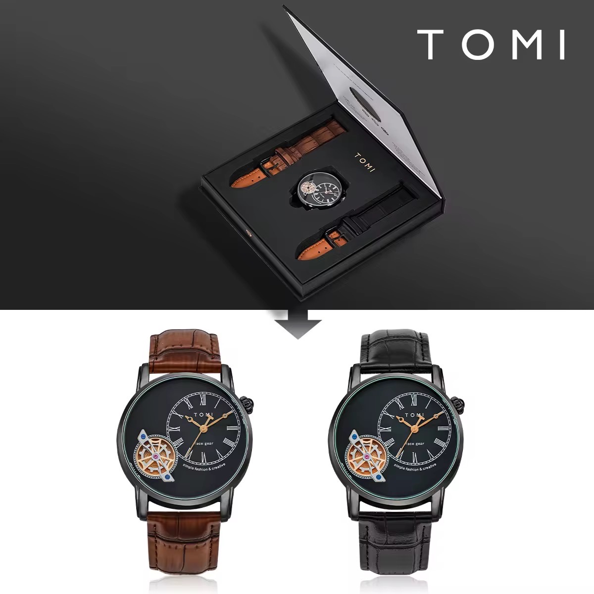 TOMI T-103 Face Gear Dual Strap Leather Belt Watch (Black)_img_3