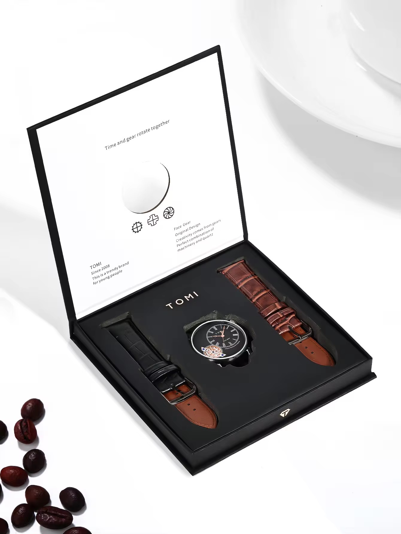 TOMI T-103 Face Gear Dual Strap Leather Belt Watch (Black)_img_4