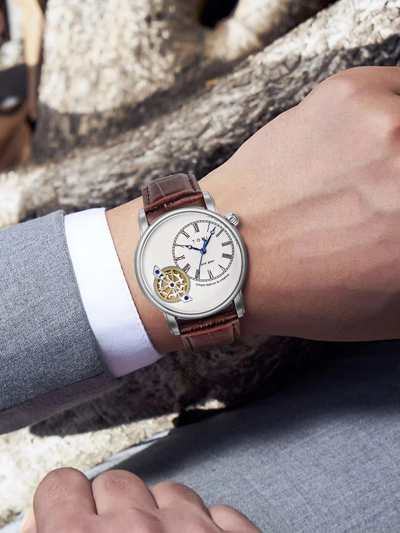 TOMI T-103 Face Gear Dual Strap Leather Belt Watch (White)_img_1