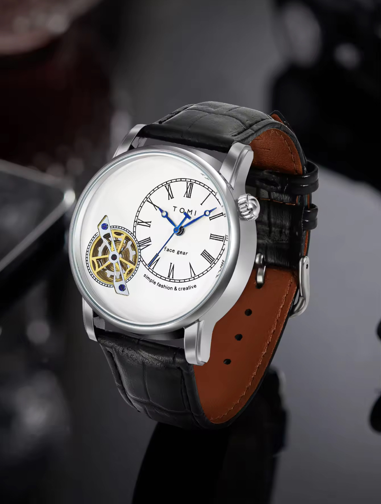 TOMI T-103 Face Gear Dual Strap Leather Belt Watch (White)_img_3