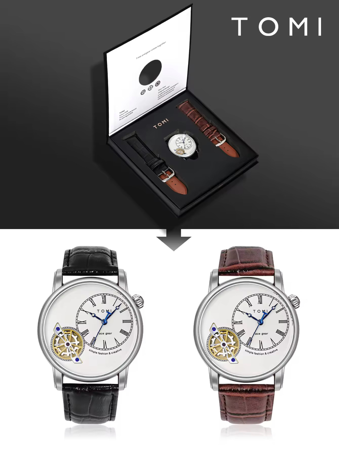 TOMI T-103 Face Gear Dual Strap Leather Belt Watch (White)_img_4