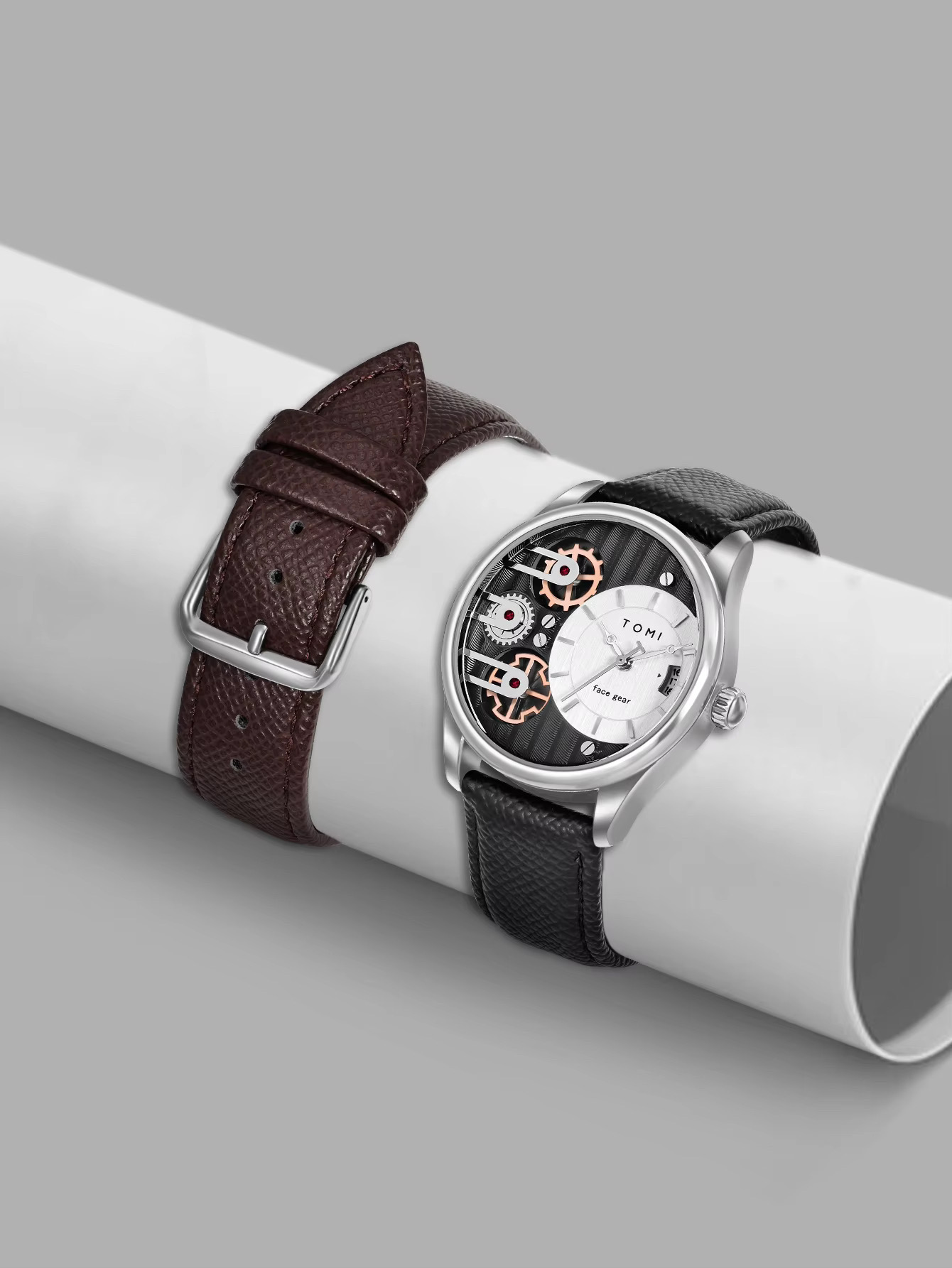 TOMI T-106 Face Gear Dual Strap Leather Belt Watch (White)_img_3