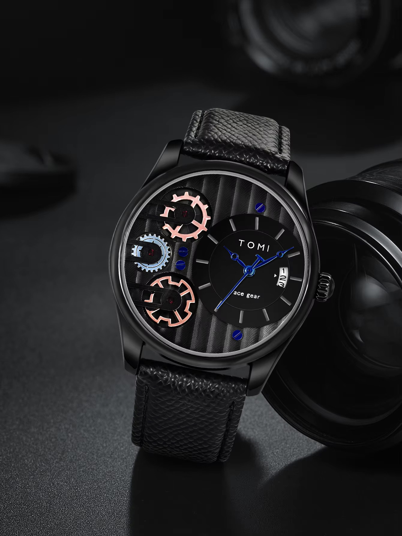 TOMI T-106 Face Gear Dual Strap Leather Belt Watch (Black)_img_1