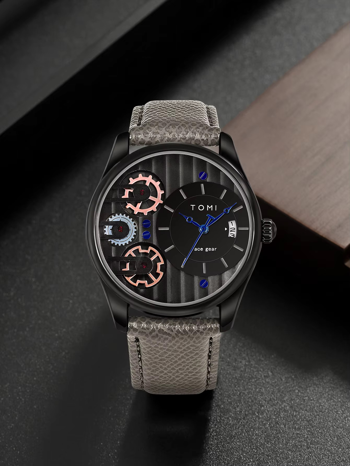 TOMI T-106 Face Gear Dual Strap Leather Belt Watch (Black)_img_2