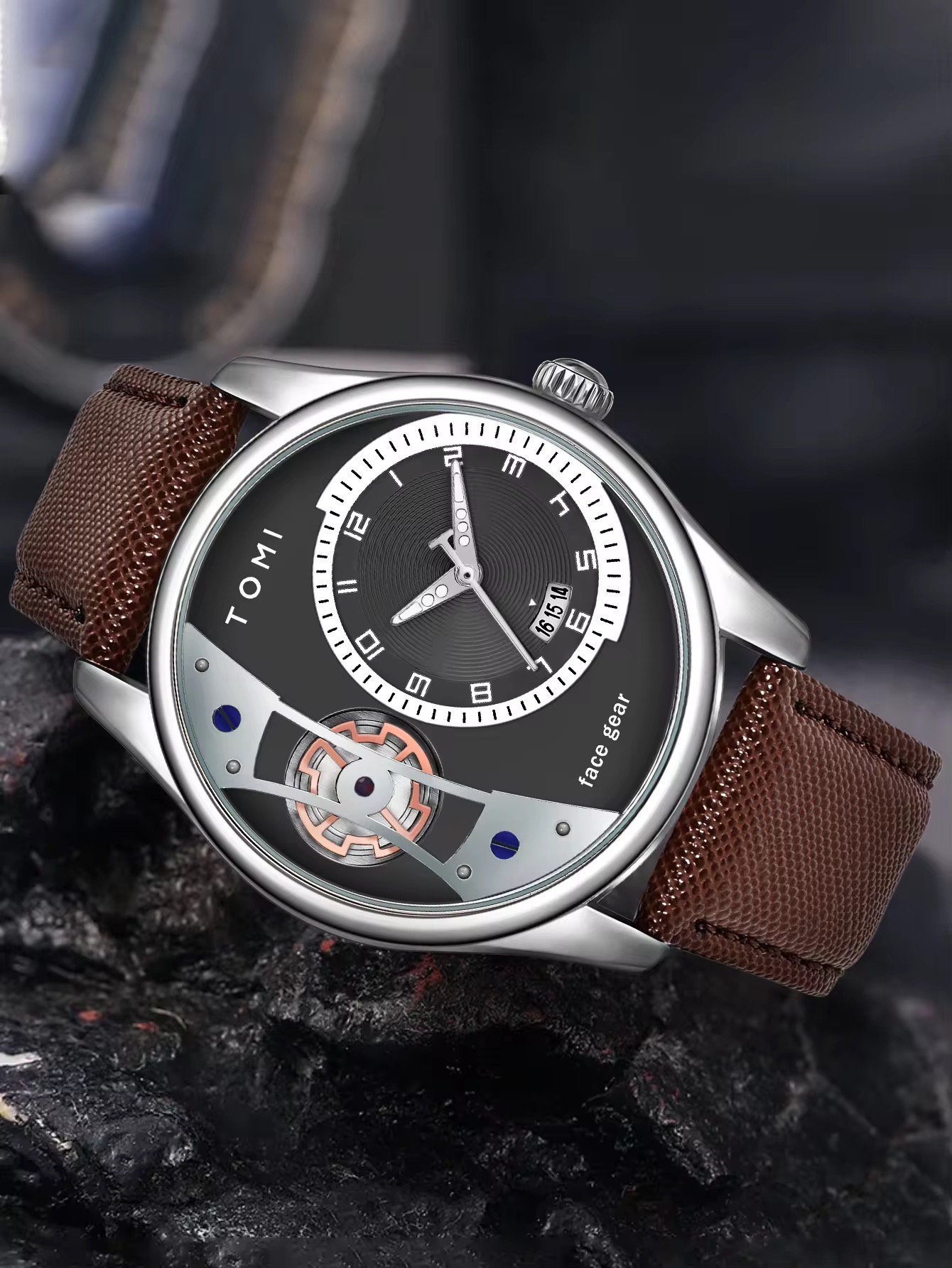 TOMI T-105 Face Gear Dual Strap Leather Belt Watch (Black)_img_2