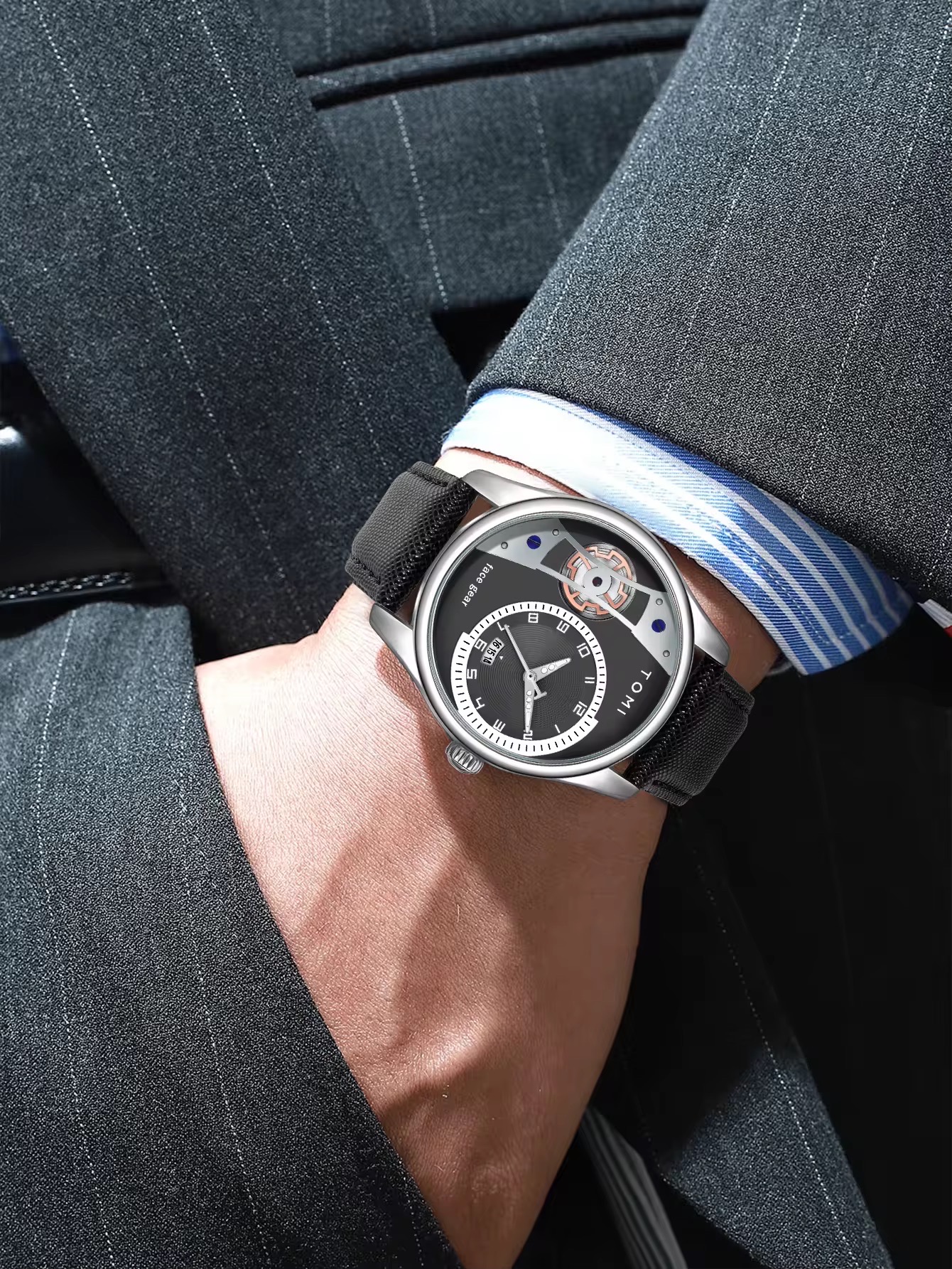 TOMI T-105 Face Gear Dual Strap Leather Belt Watch (Black)_img_3