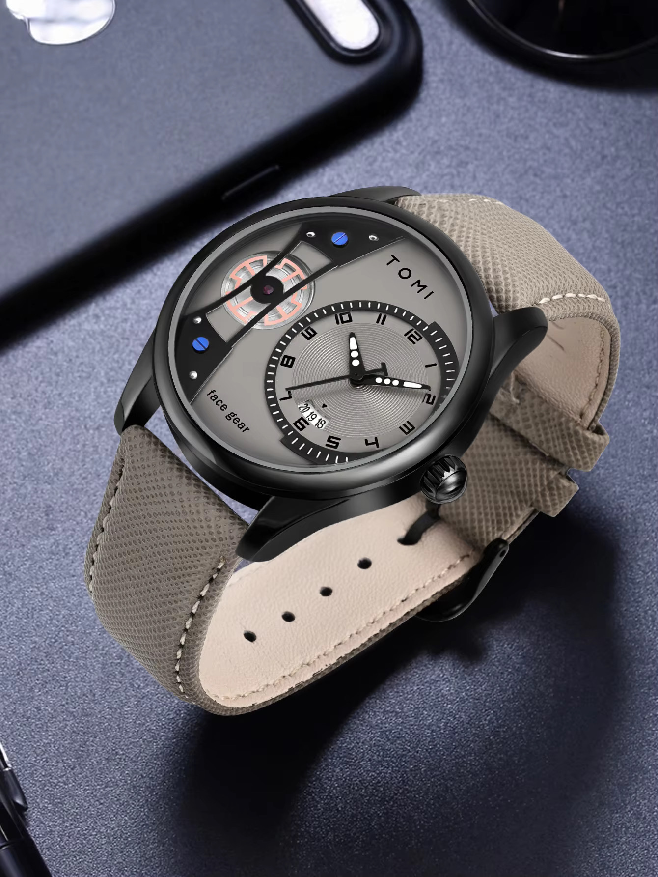 TOMI T-105 Face Gear Dual Strap Leather Belt Watch (Ash)_img_1