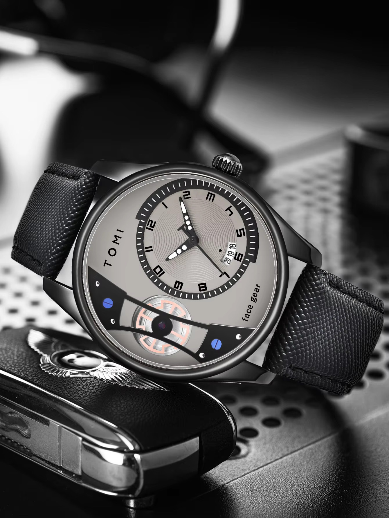 TOMI T-105 Face Gear Dual Strap Leather Belt Watch (Ash)_img_2