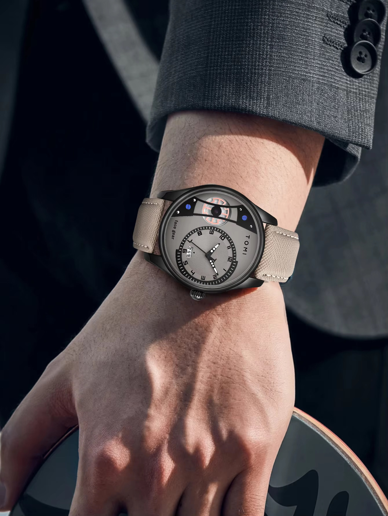 TOMI T-105 Face Gear Dual Strap Leather Belt Watch (Ash)_img_3