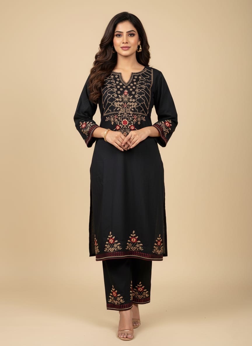 Solid Embroidered Straight Fit Cotton Flax Co-ord Set - Black - Image 1