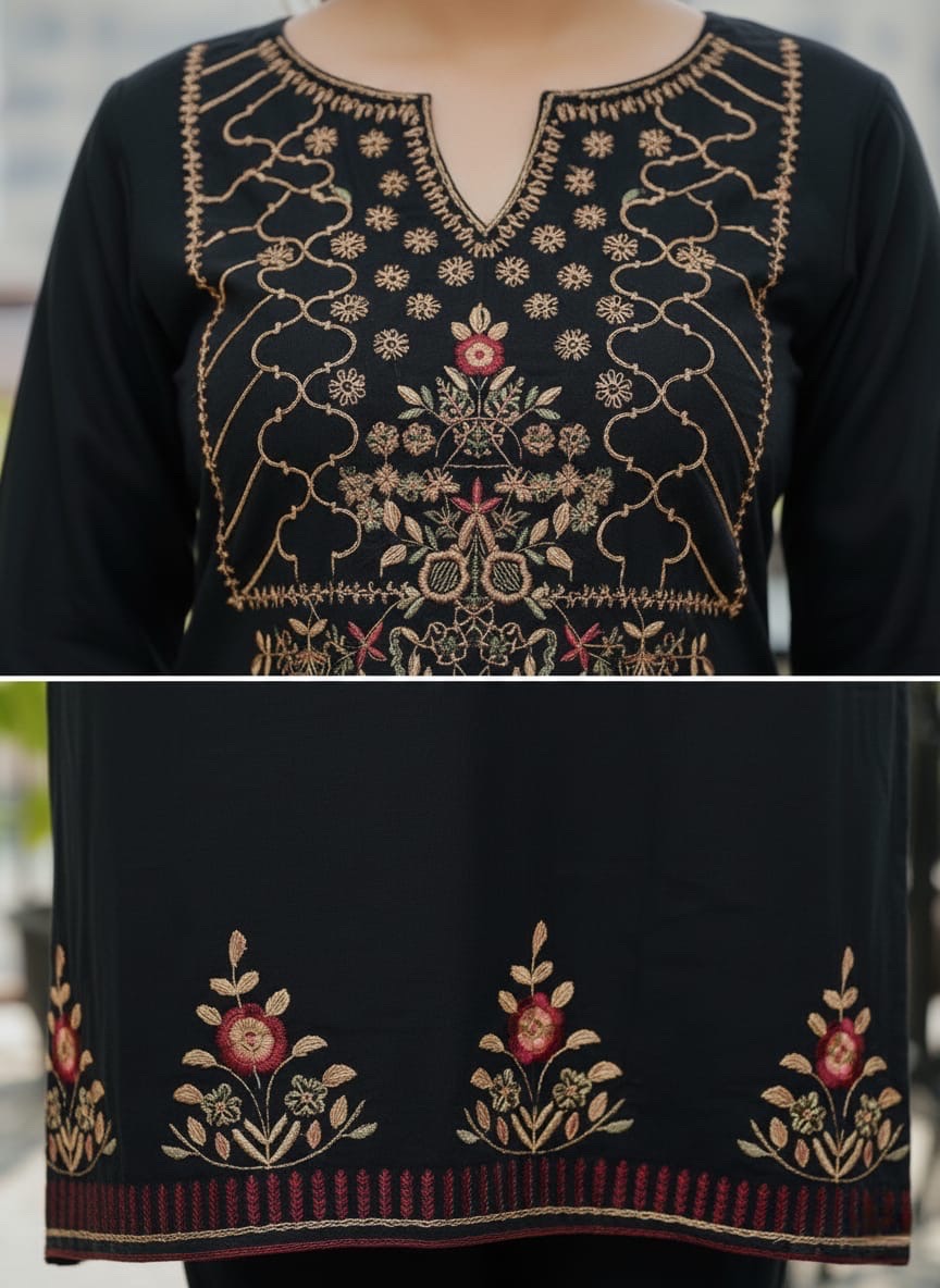 Solid Embroidered Straight Fit Cotton Flax Co-ord Set - Black - Image 2