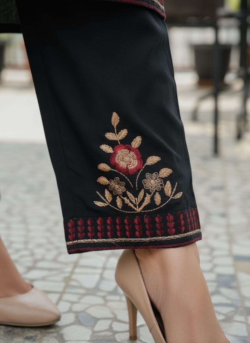 Solid Embroidered Straight Fit Cotton Flax Co-ord Set - Black - Image 3