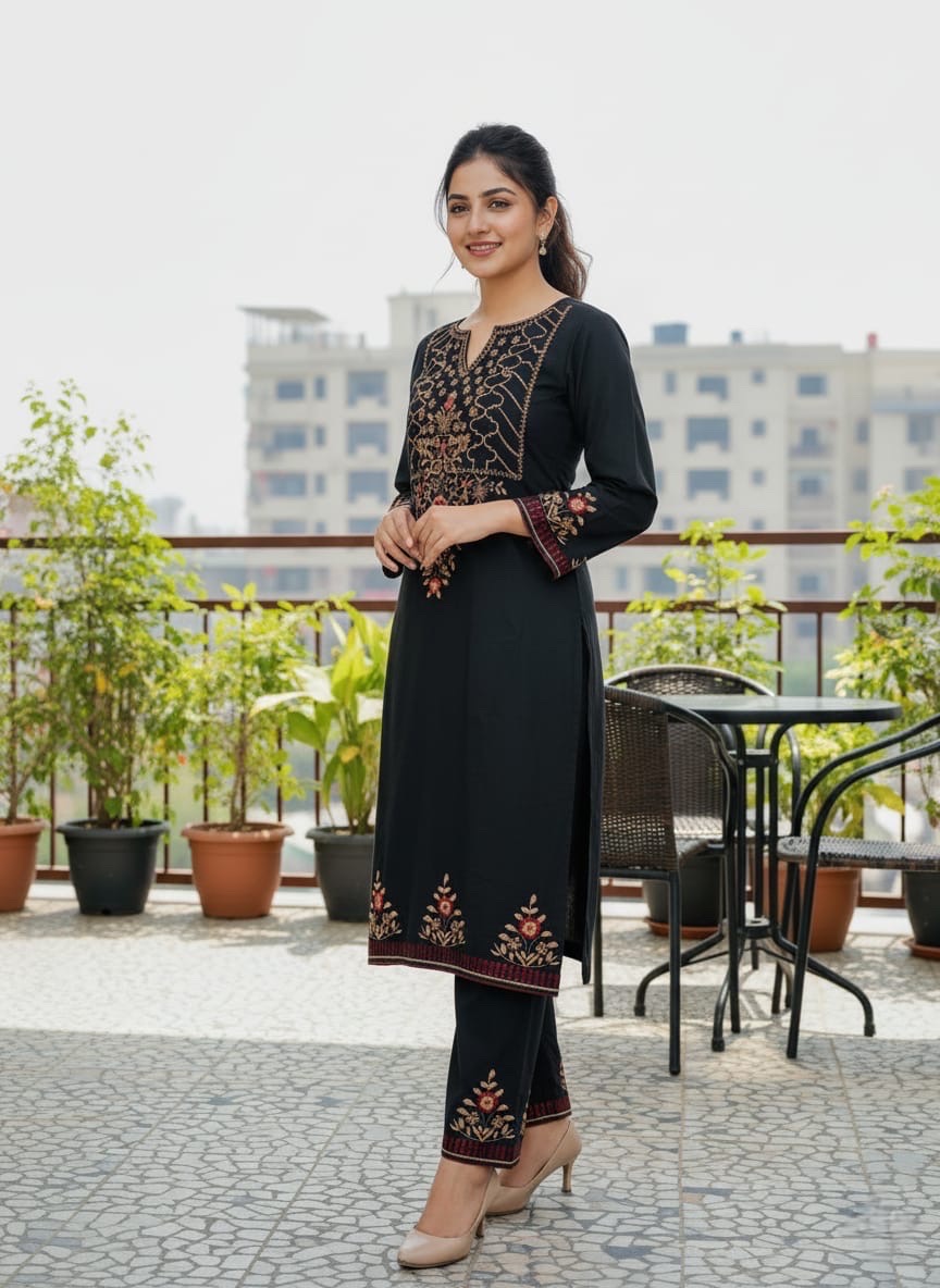 Solid Embroidered Straight Fit Cotton Flax Co-ord Set - Black - Image 4