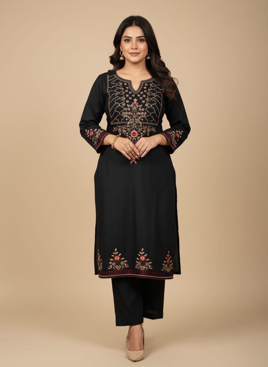 Solid Embroidered Straight Fit Cotton Flax Co-ord Set - Black - Image 5