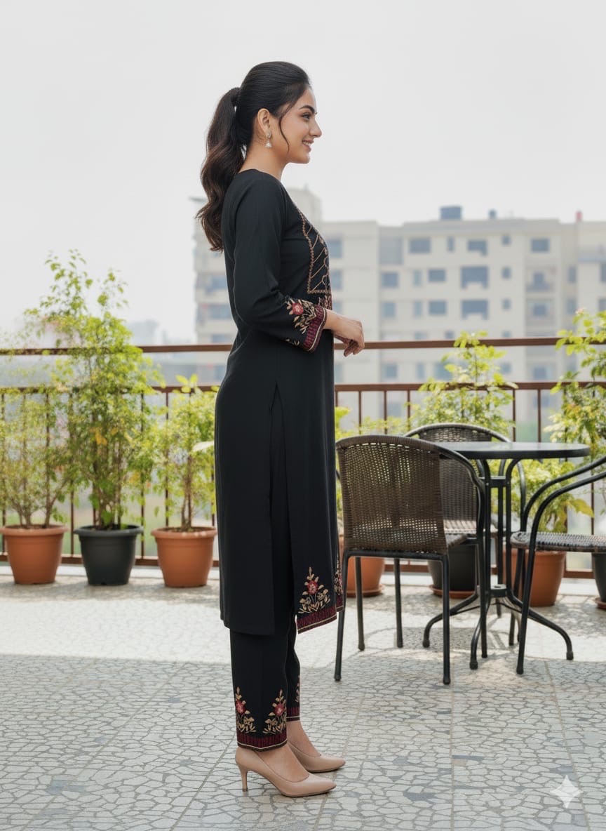 Solid Embroidered Straight Fit Cotton Flax Co-ord Set - Black - Image 6