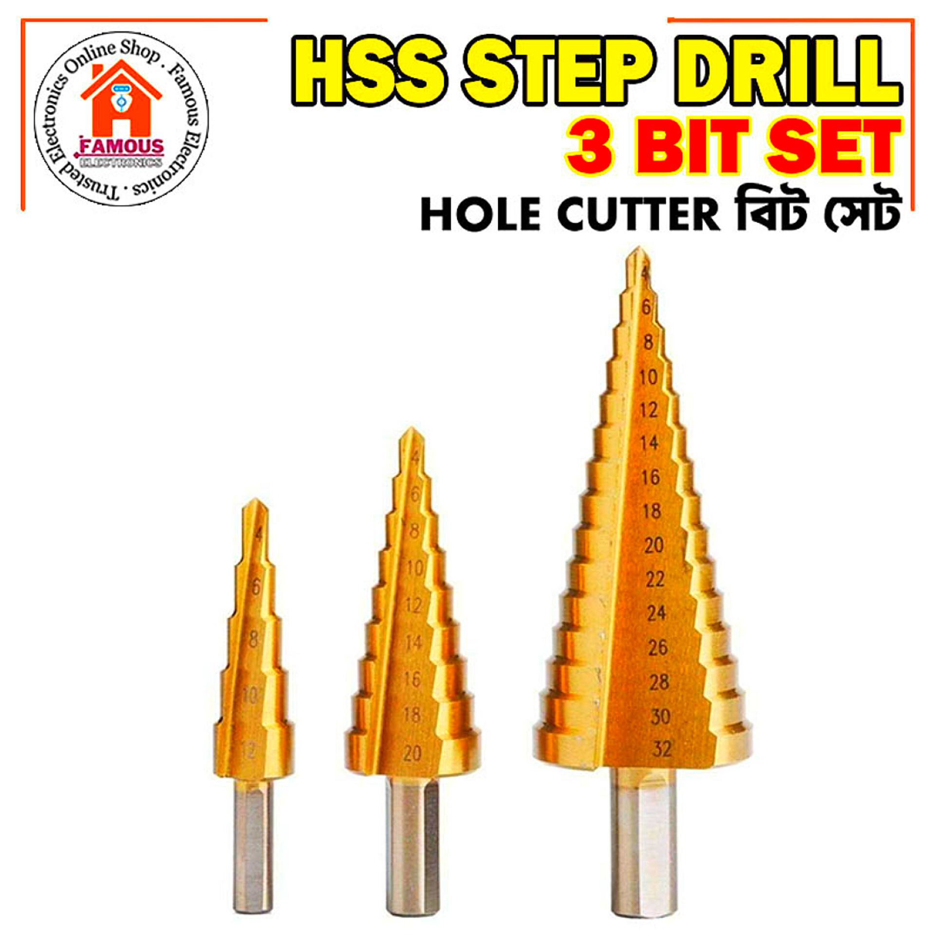 HSS Step Drill Bit Set | Titanium Coated Straight Groove | Hex Shank Hole Cutter | 3-12mm, 4-12mm, 4-32mm_img_2