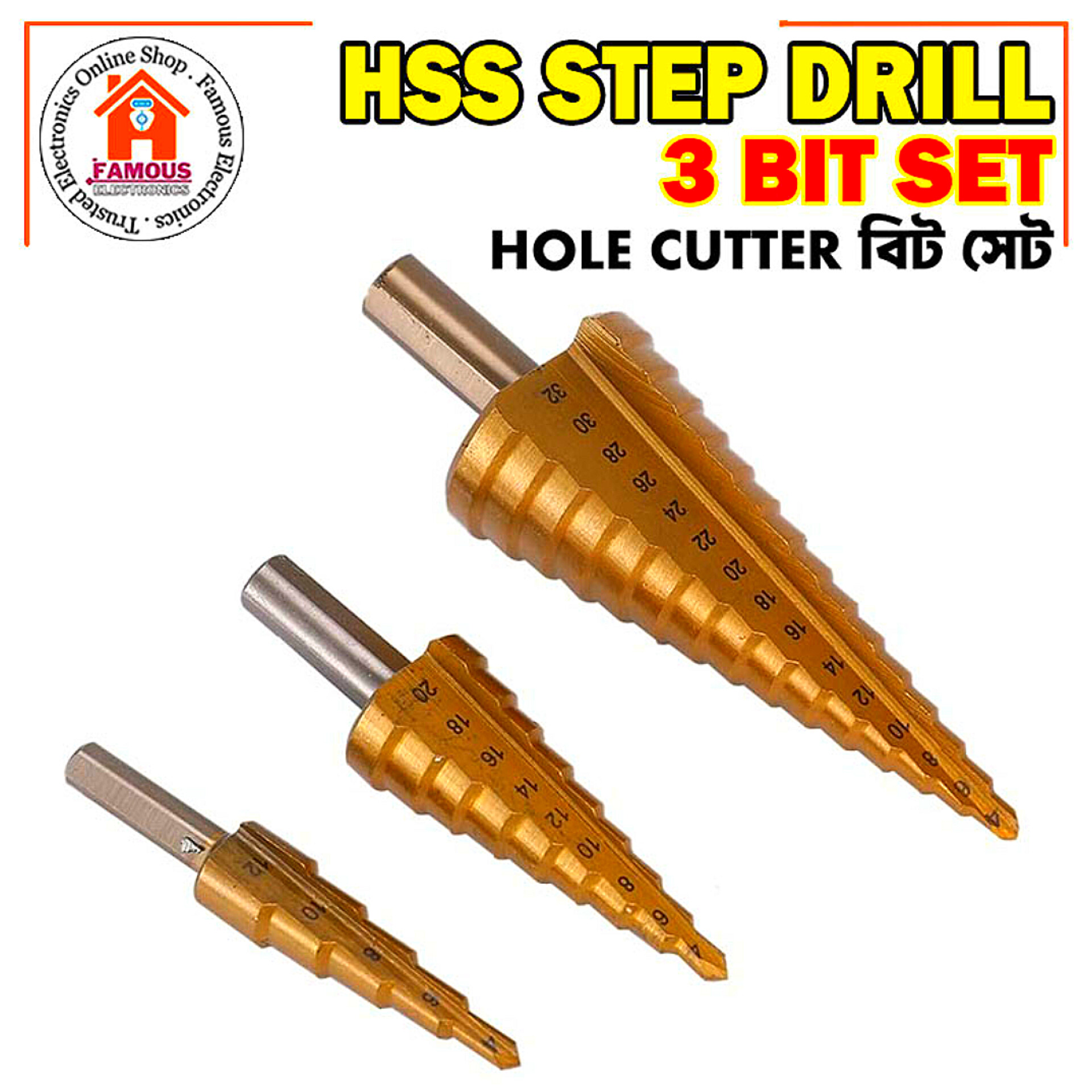 HSS Step Drill Bit Set | Titanium Coated Straight Groove | Hex Shank Hole Cutter | 3-12mm, 4-12mm, 4-32mm_img_5