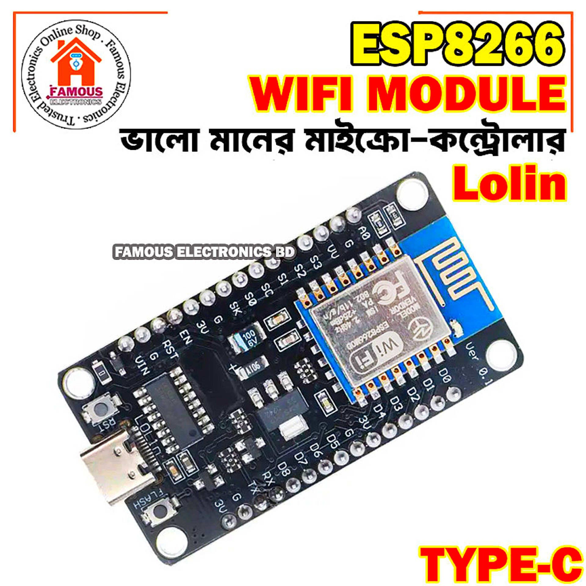 Type-C NodeMcu V3 LoLin Lua WIFI Internet of Things Connector Development Board ESP 8266 V3, LoLin Esp8266_img_0