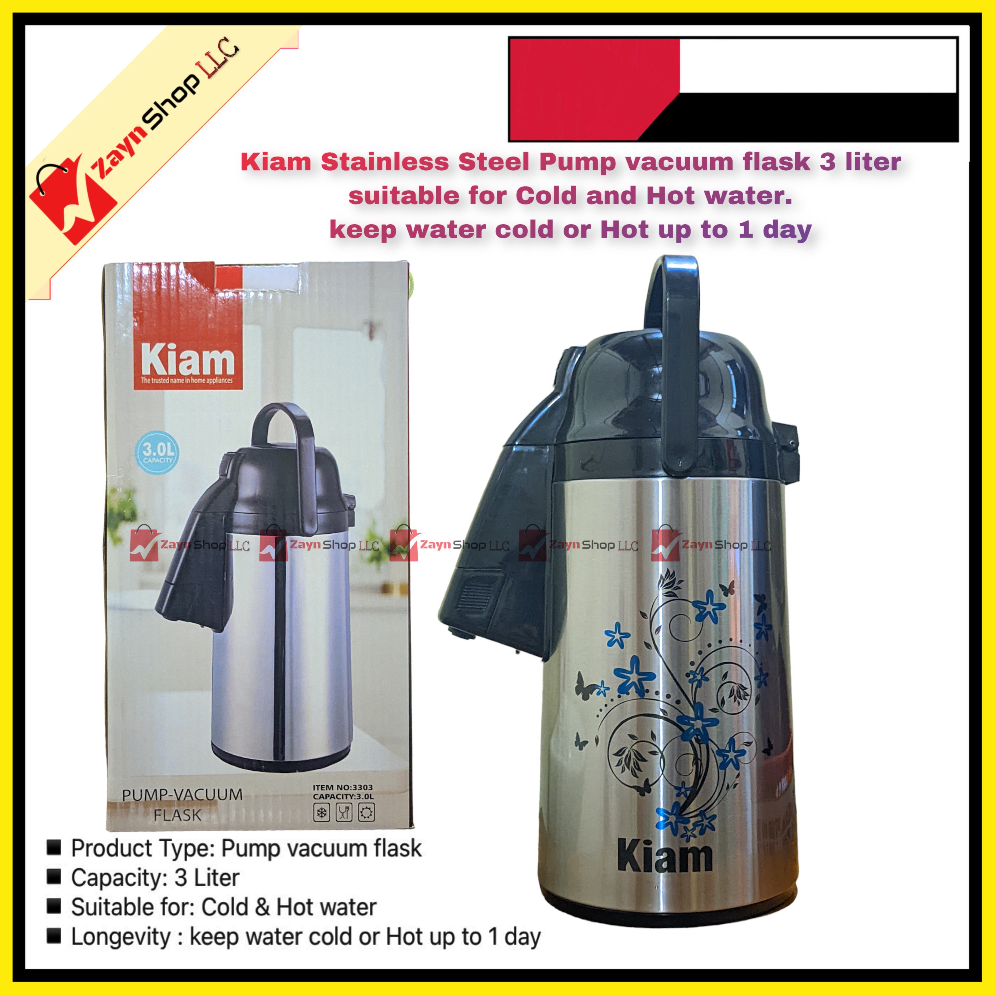Kiam Stainless Steel Pump vacuum flask 3 liter suitable for Cold and Hot water ,keep water cold or Hot up to 1 day_img_0