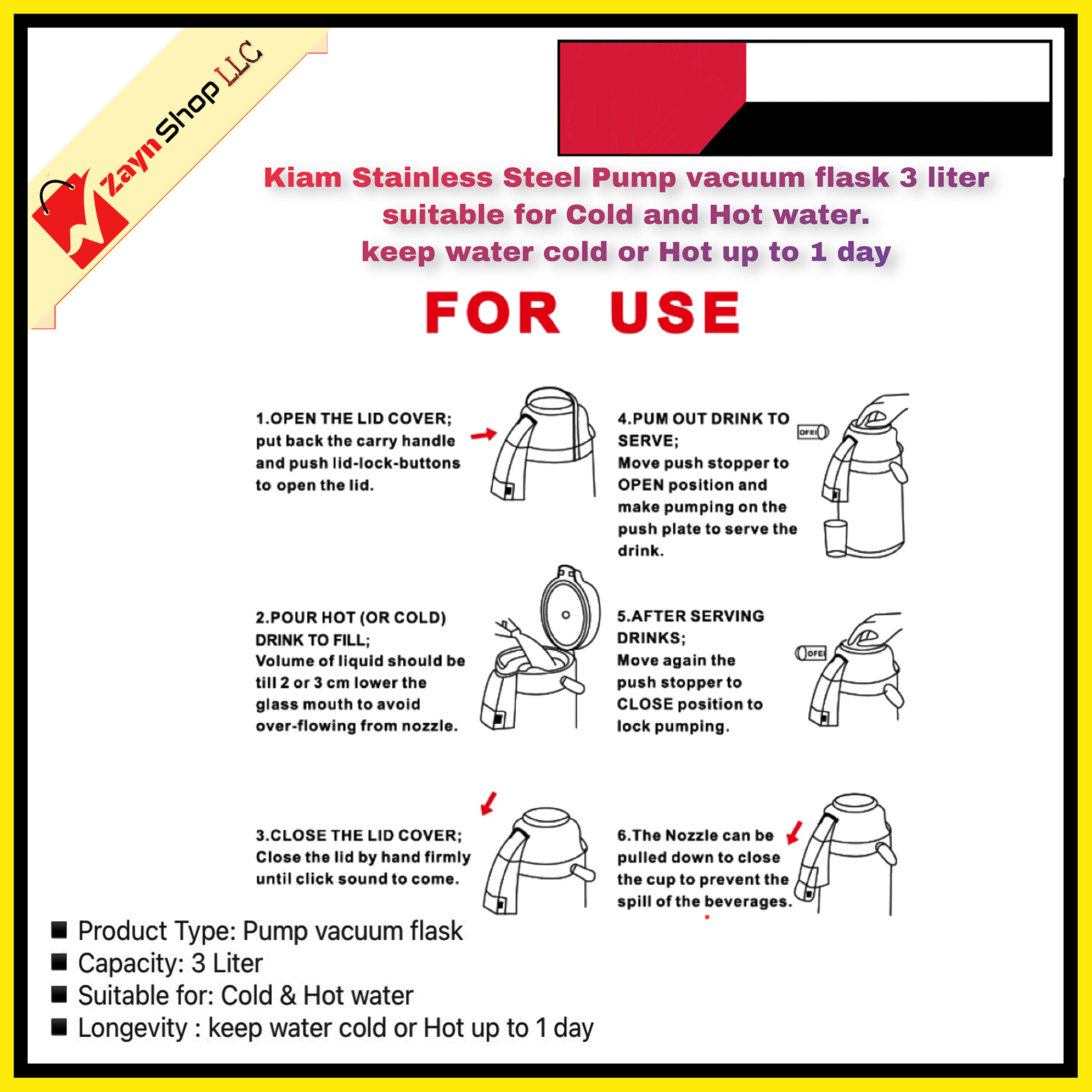 Kiam Stainless Steel Pump vacuum flask 3 liter suitable for Cold and Hot water ,keep water cold or Hot up to 1 day_img_2