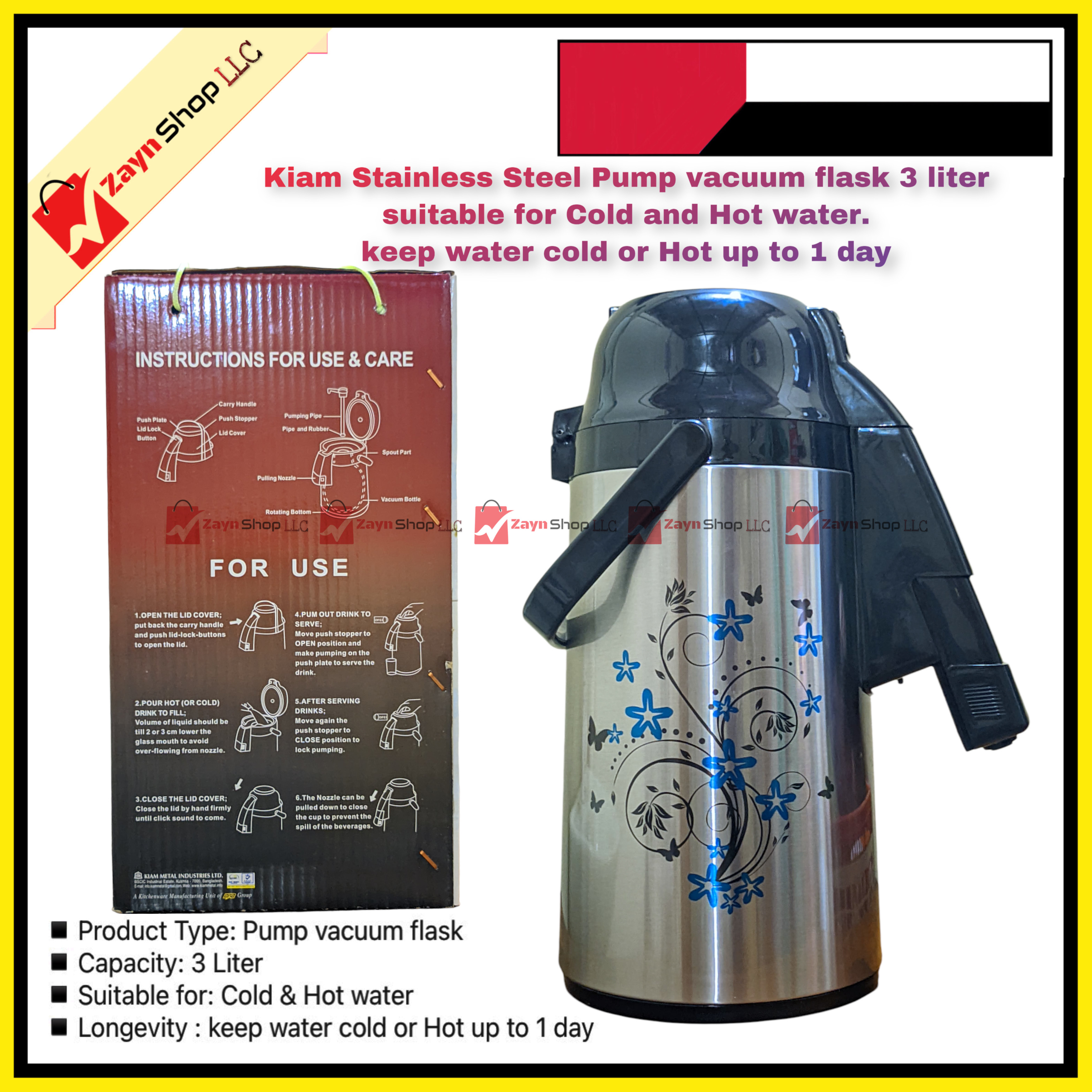 Kiam Stainless Steel Pump vacuum flask 3 liter suitable for Cold and Hot water ,keep water cold or Hot up to 1 day_img_1