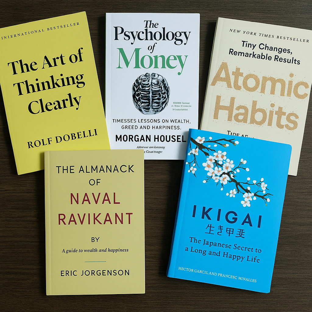 World bestselling Combo(Atomic habits, Ikigai,The art of thinking clearly, The psychology of money, The Almanack of Naval Ravikant)