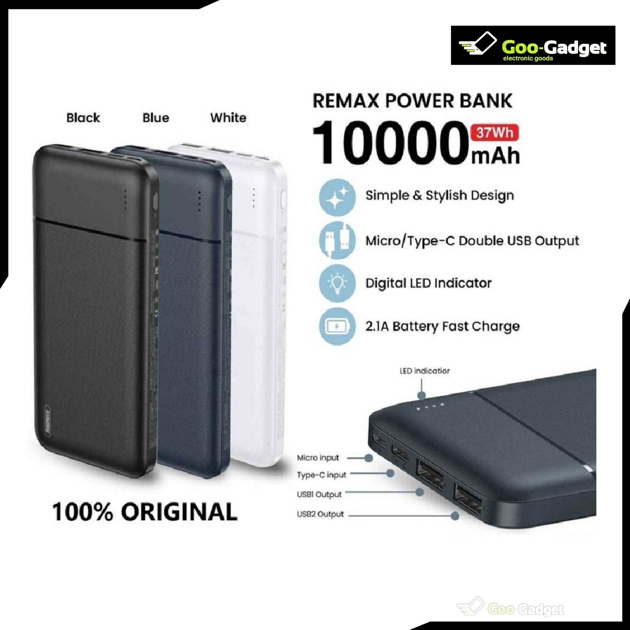 Remax Lango Series Dual USB Power Bank – 10000mAh | Input 5V/2A | Output 5V/2.1A