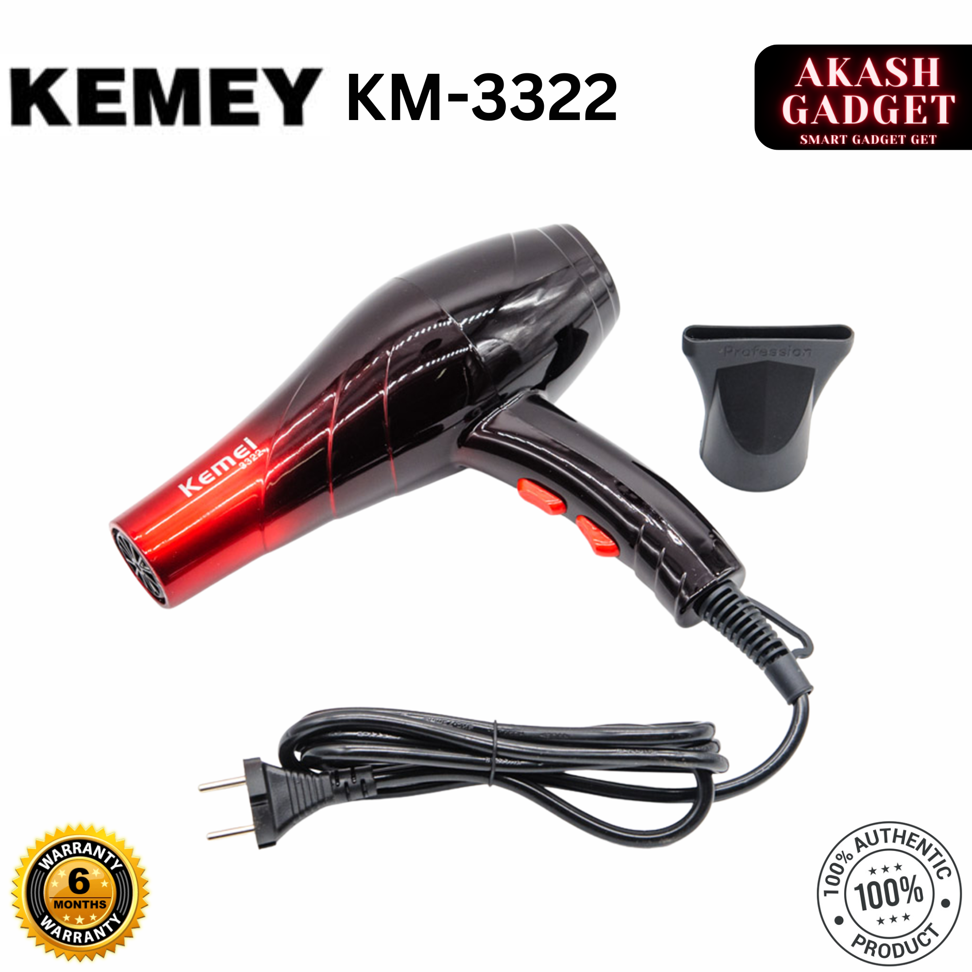 Kemey KM-3322 Professional 2 in 1 Hair Dryer | 3000W Powerful Motor