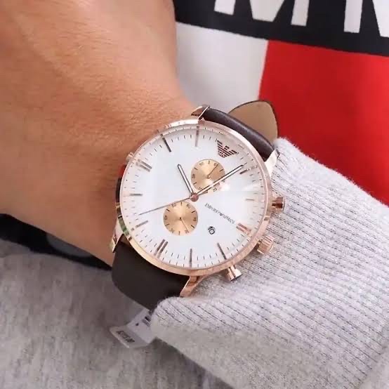 Emporio Armani AR0398 Men’s 43 mm Rose-Gold Chronograph – White Dial, Brown Leather Strap_img_1