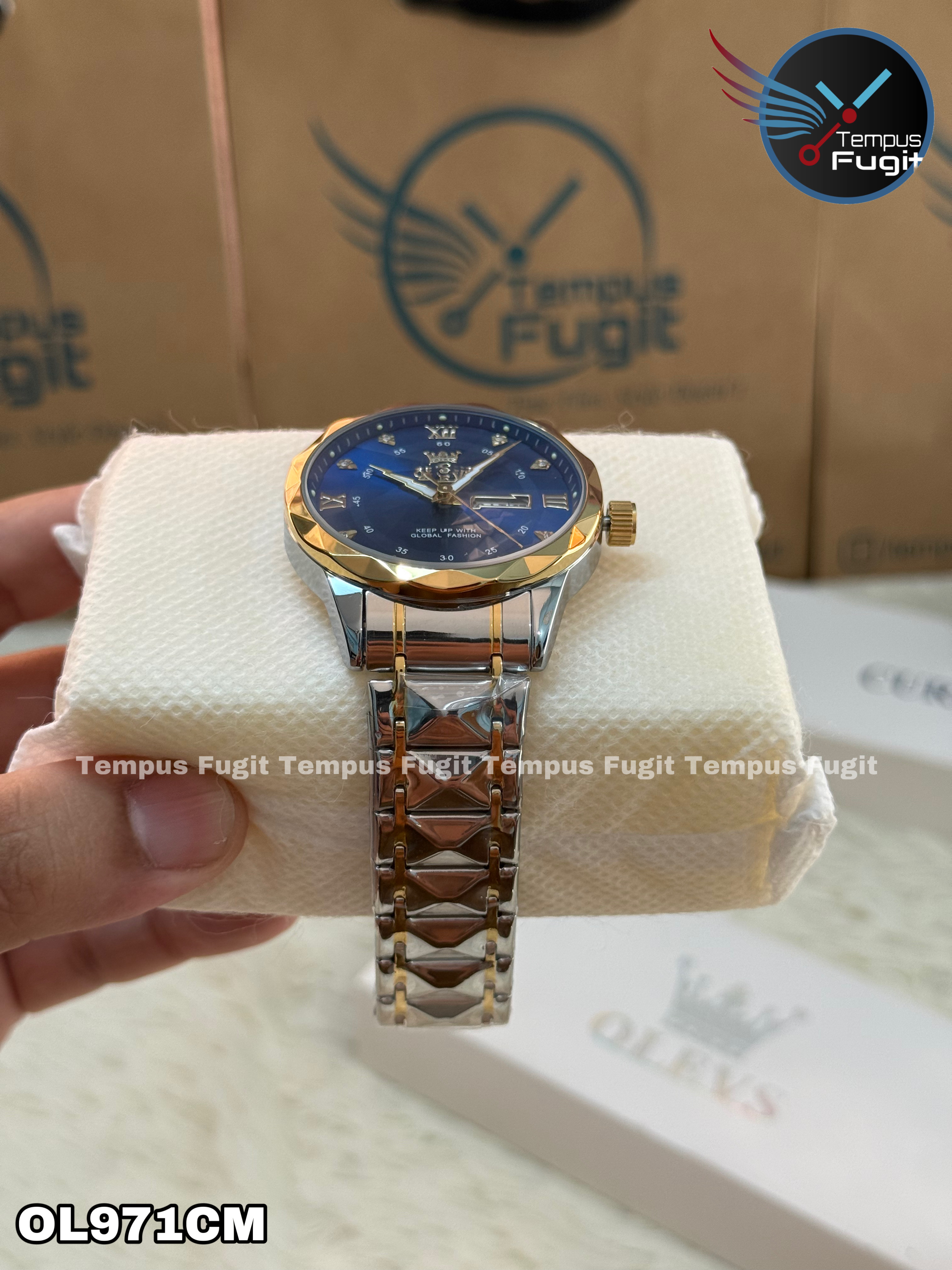 OLEVS 5609 Gents Chain Watch- Blue Dial- Golden Bezel- Silver+Golden Chain- TF Code OL971CM_img_13