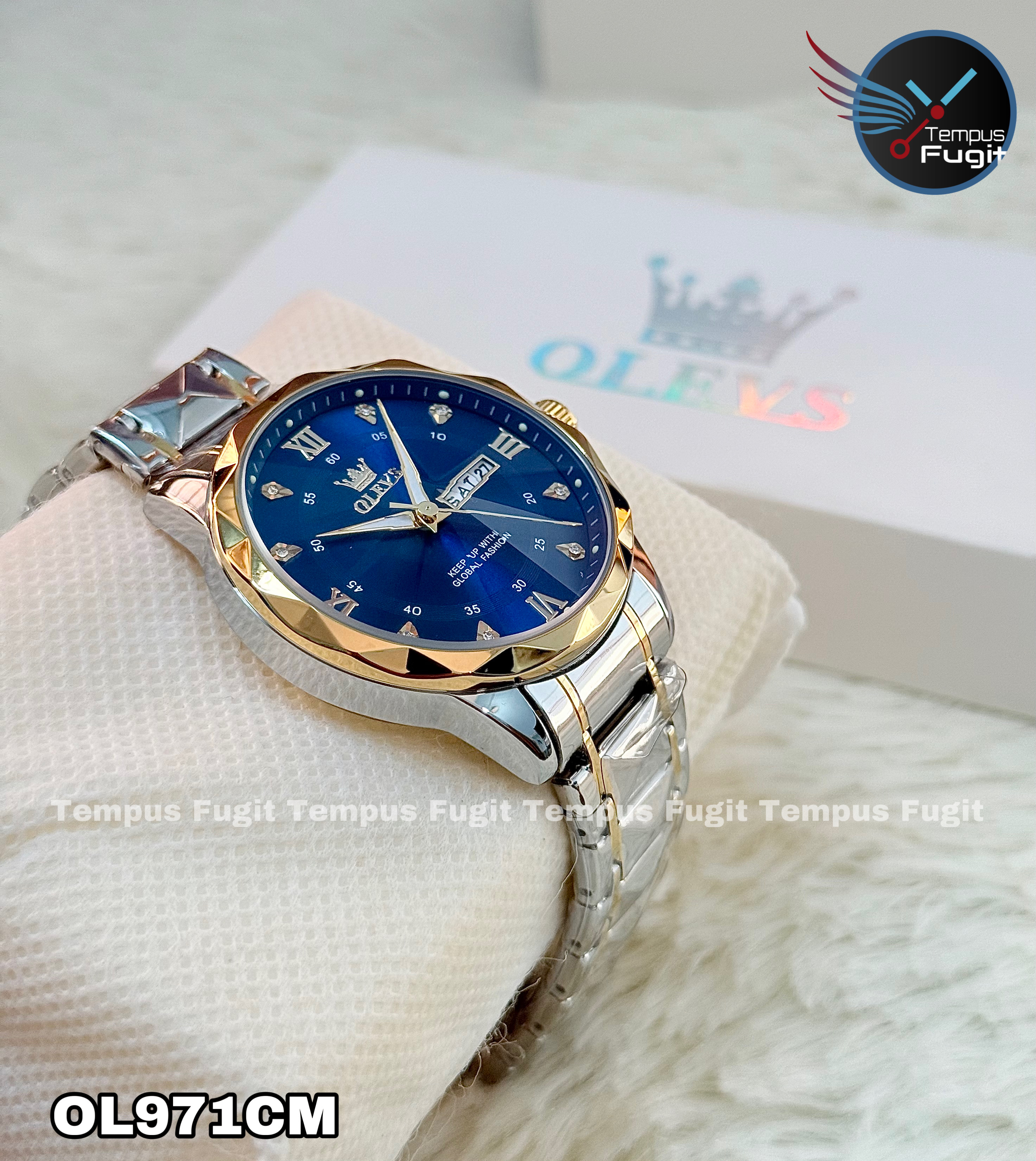 OLEVS 5609 Gents Chain Watch- Blue Dial- Golden Bezel- Silver+Golden Chain- TF Code OL971CM_img_16