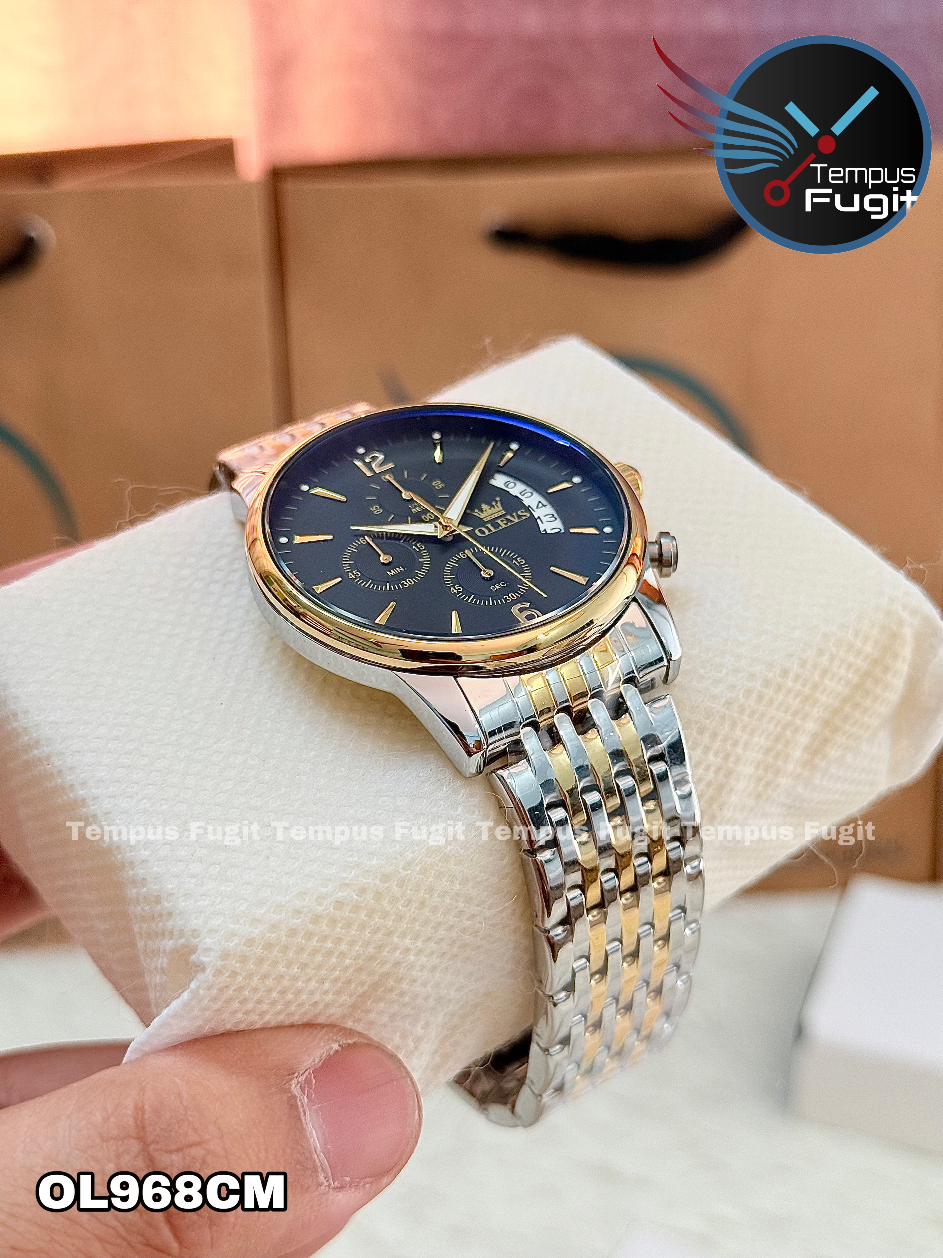 OLEVS 2867 Gents Chain Watch- Black Dial- Golden Bezel- Silver+Golden Chain- TF Code_img_9