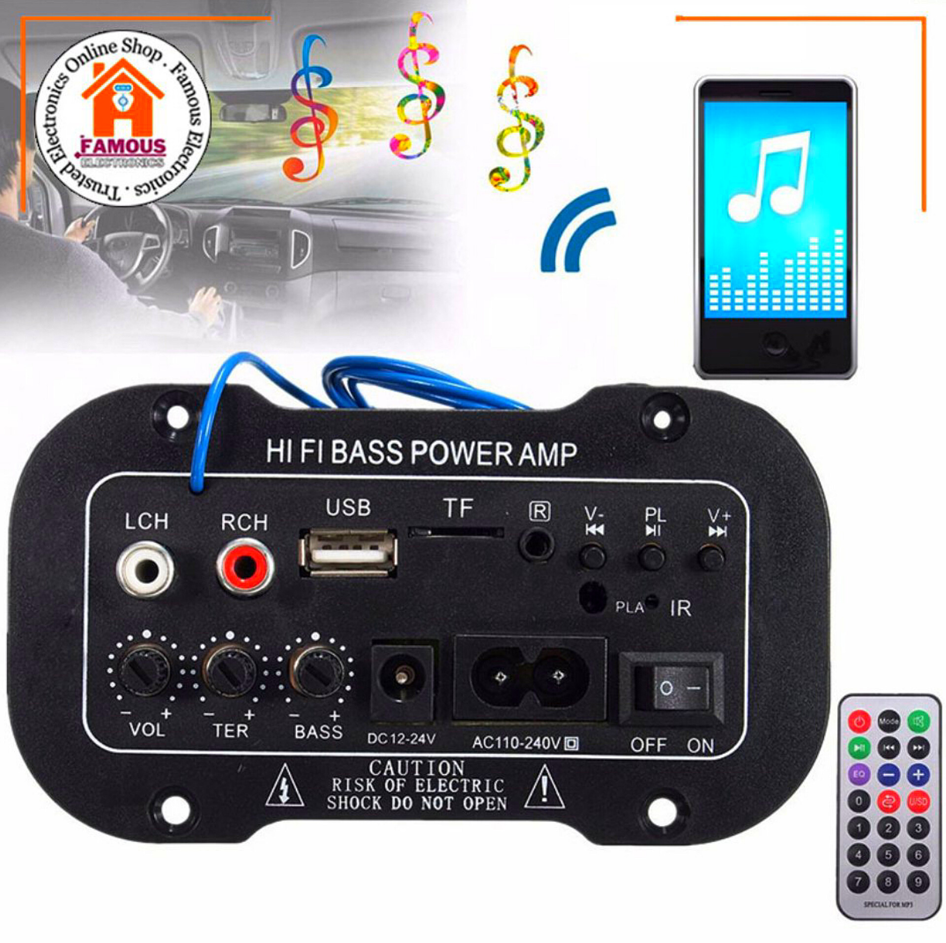 AC220V-DC12V T5 Bass Amplifier Board Car Amplifier Radio Audio Digital Amplifier USB TF Remote Control_img_7