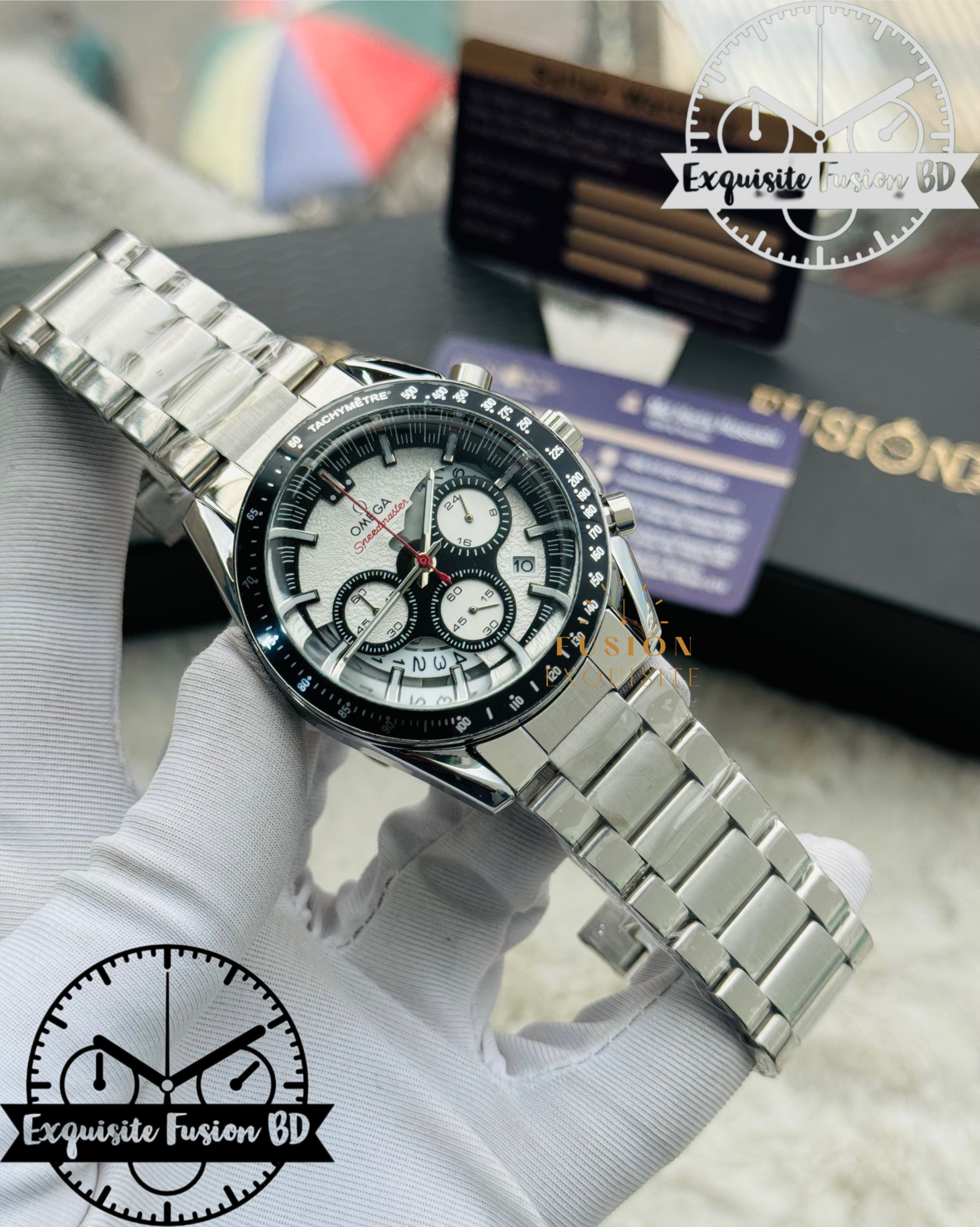 Omega Chronograph Silver White Black Dial Quartz Watch (AA Grade)
