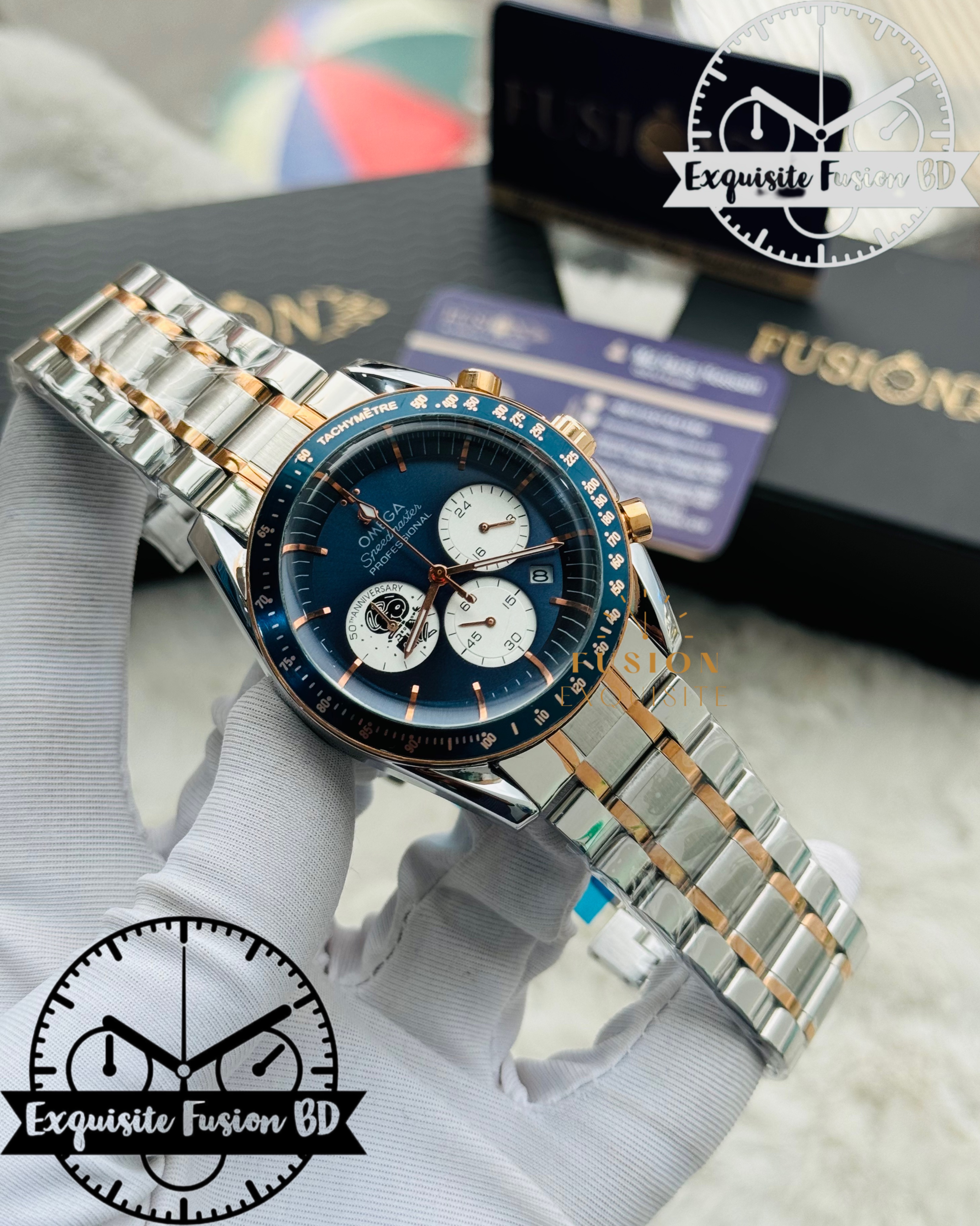 Omega Chronograph Dual Tone Rose Blue Dial Quartz Watch (AA Grade)_img_0