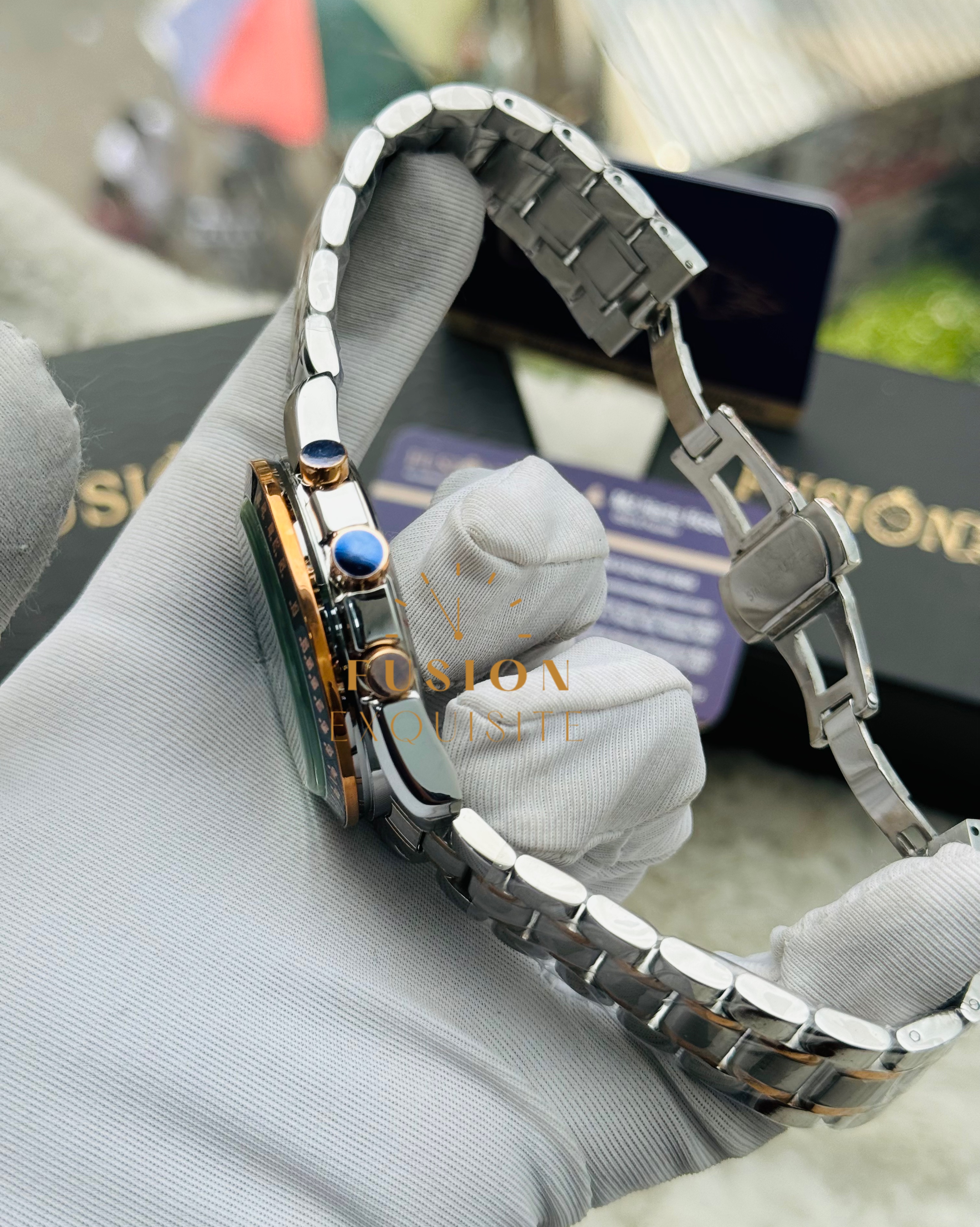 Omega Chronograph Dual Tone Rose Blue Dial Quartz Watch (AA Grade)_img_1