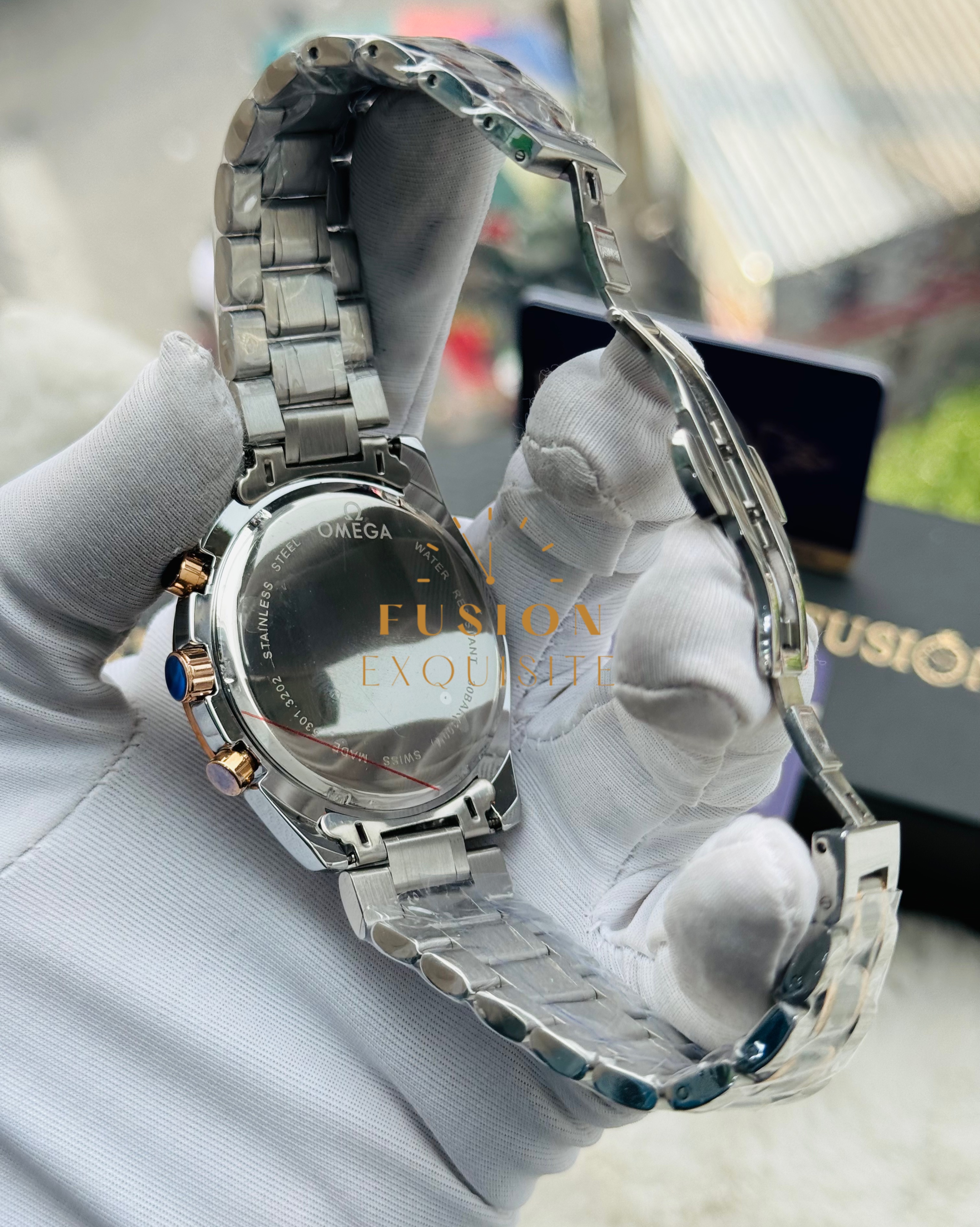 Omega Chronograph Dual Tone Rose Blue Dial Quartz Watch (AA Grade)_img_2