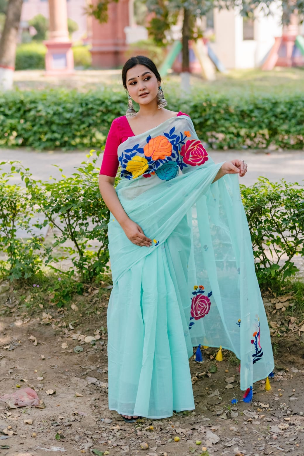 Half silk embroidered saree._img_0