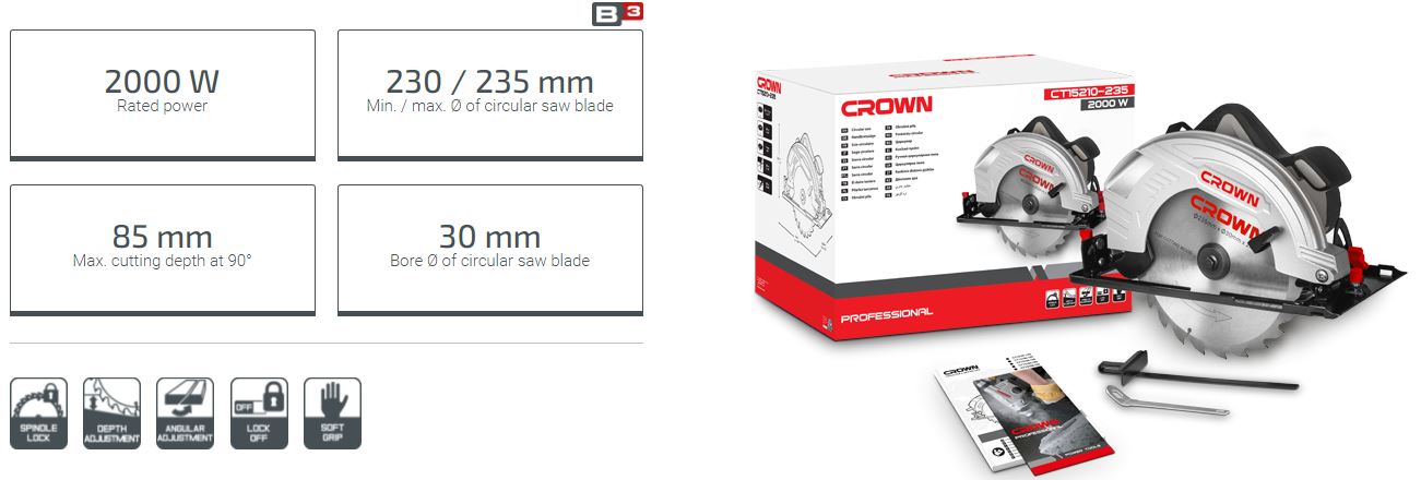 CROWN ,CT15210, Professional Circular Saw, 2000W, 235mm, 45/90°, 60/85mm; Model: CT15210 - 235_img_2