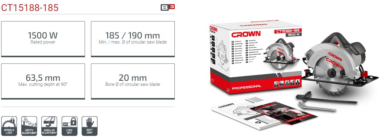 CROWN ,CT15188,Professional Circular Saw, 1500W, 185mm, 45/90°, 44/63.5mm; Model: CT15188 - 185_img_6