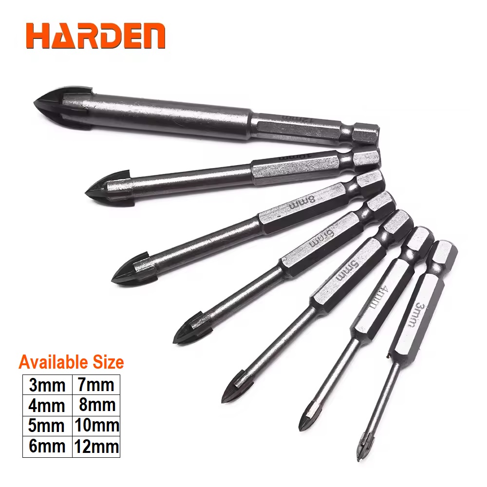 HARDEN Glass & Tiles Drill Bit ( 3 | 4 | 5 | 6 | 7 | 8 | 10 | 12mm ), porcelain marble tile glass drilling Hex shank cross tip drill bit; 613103 - 613112_img_0