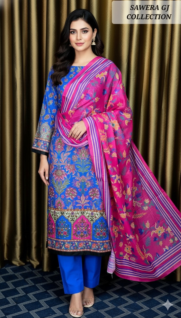 পাকিস্তানি ইন্সপায়ার্ড ডিজিটাল প্রিন্ট সুইস লোন সুতি থ্রি পিস (প্রিমিয়াম) (Unstitched)