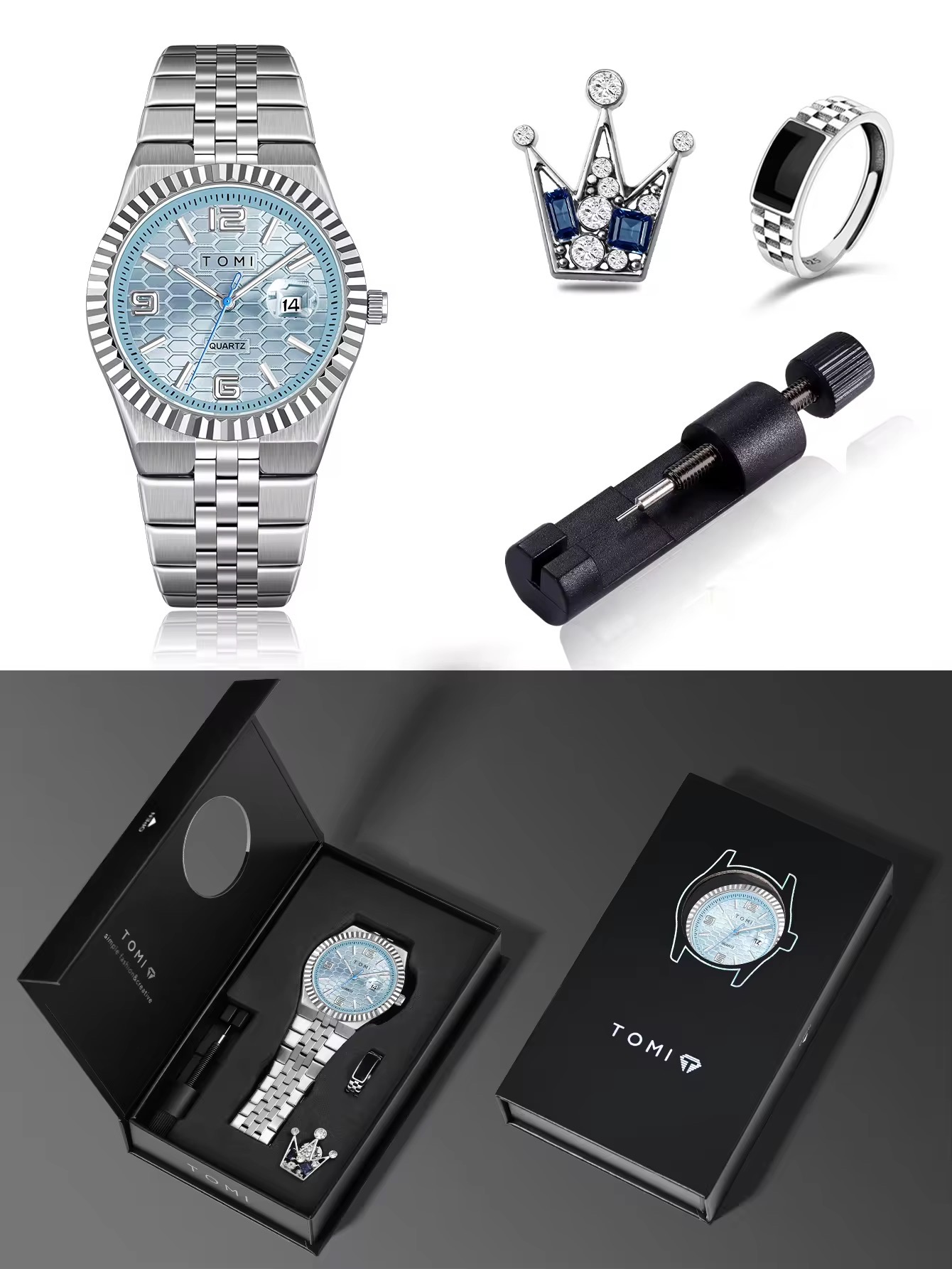TOMI T-311 Men's Luxury Stainless Steel Watch Gift Box Set (Ice Blue)_img_5